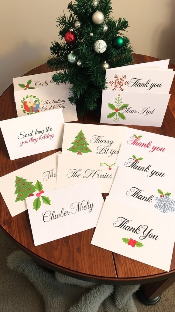 Creative Christmas Thank You Card Ideas A variety of creative Christmas thank you cards on a wooden table, showcasing festive designs and colors.